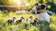 A heartwarming scene of animal companionship on a rustic farm, featuring an adorable puppy and a group of fluffy ducklings huddled together, symbolizing cross-species friendship and bucolic serenity.