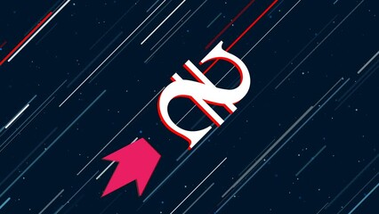 Poster - Hryvnia symbol flies through the universe on a jet propulsion. The symbol in the center is shaking due to high speed. Seamless looped 4k animation on dark blue background with stars