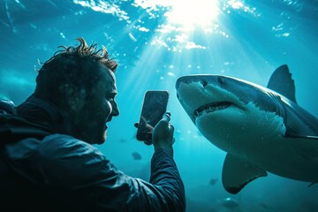 Wall Mural - Man taking a selfie with a shark.