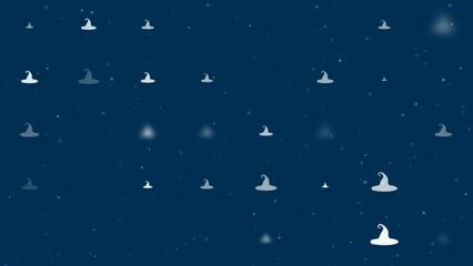 Poster - Template animation of evenly spaced witch hat symbols of different sizes and opacity. Animation of transparency and size. Seamless looped 4k animation on dark blue background with stars