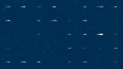 Poster - Template animation of evenly spaced whale symbols of different sizes and opacity. Animation of transparency and size. Seamless looped 4k animation on dark blue background with stars