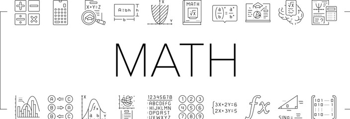 math education school science icons set vector. mathematics algebra, geometry formula, knowledge graphic, mathematical equation math education school science black line illustrations