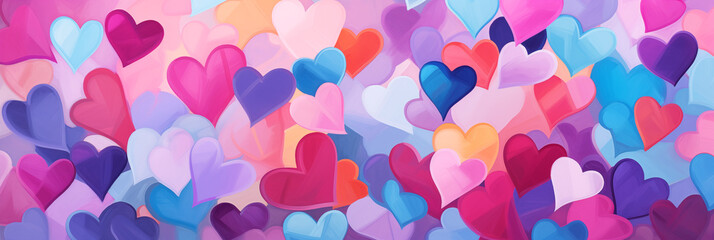 Wall Mural - Valentines day watercolor abstract hearts background banner, art aquarelle painting illustration. Panoramic web header with copy space. Wide screen wallpaper.