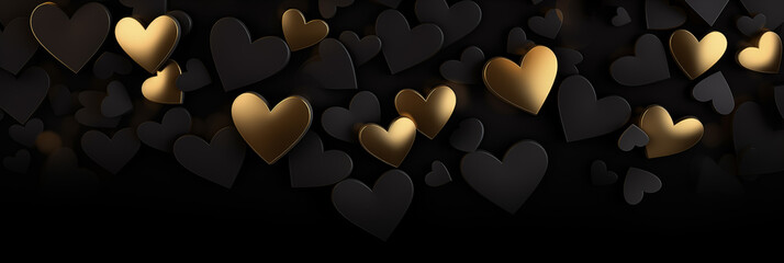Wall Mural - Beautiful dark background banner with black and golden hearts. Valentine's Day. Panoramic web header with copy space. Wide screen wallpaper.