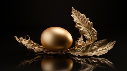 Exquisite gold leaf and two eggs nestled atop, luxurious still life composition

