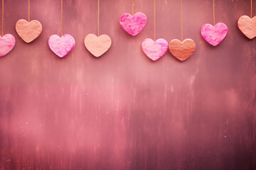 Wall Mural - Hearts on pink background, beautiful valentines day ornaments with copy space.