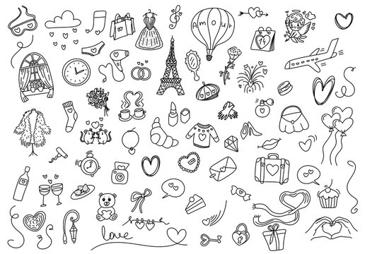 Set of hand drawn doodles for Valentine's Day, Paris theme