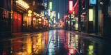 Fototapeta Londyn - Japanes neon street at night. Wet and long empty street.