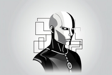 Wall Mural - Sci-fi, technology concept. Advanced artificial intelligence humanoid robot portrait. Minimalist black and white humanoid robot portrait illustration