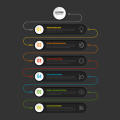 Poster - Vector dark progress six steps template with color thin lines