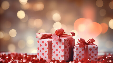 Wall Mural - Pink gift box with red hearts and pink bow in interior on the background of bokeh effect.