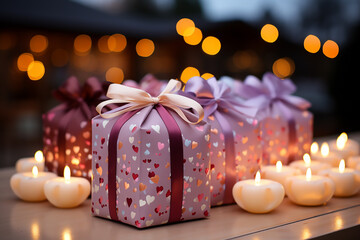 Wall Mural - Gift boxes with bow and candles on the background of bokeh effect.