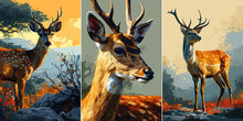 Striking Full Body Poses Of Of A Deer In Colorful Background Settings