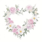 Fototapeta Kwiaty - Pink and White Watercolor Flowers in Shape of Heart on White Background