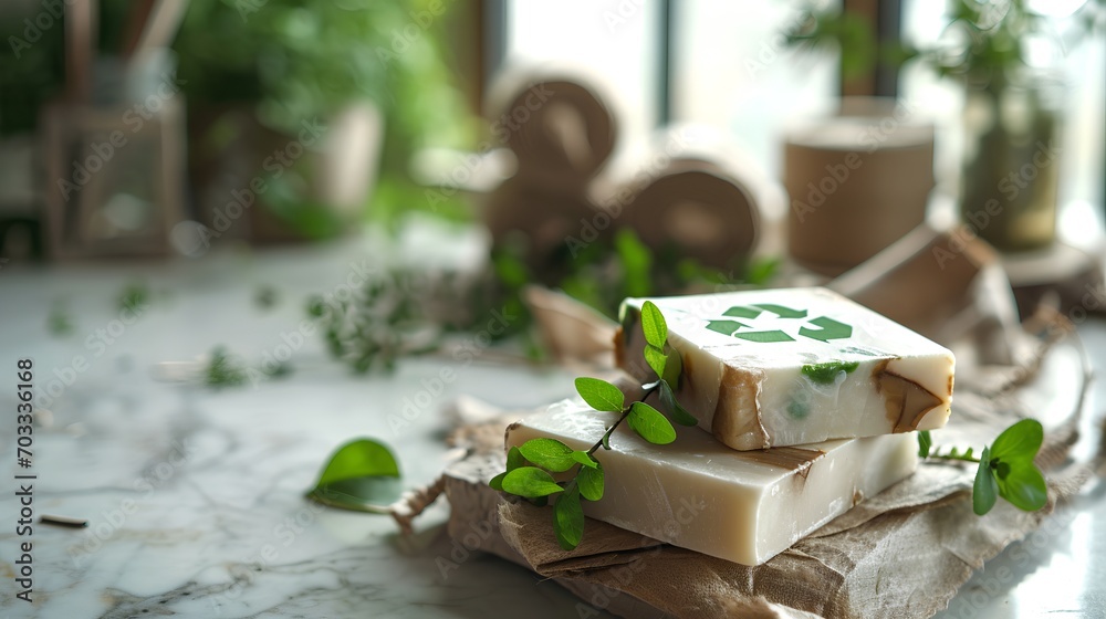 An eco-friendly bar of soap embossed with the universal recycling ...