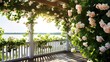 Flowers decoration on wooden pergola roof. Landscape home design background. Ivy plant on the white wooden slatted roof.