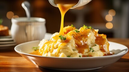 Poster -  a plate of mashed potatoes and gravy being drizzled with a gravy sauce.