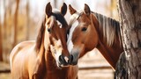 Fototapeta  - Two brown horses embracing with their heads with love in friendship. A cute happy couple horse in the outdoor sand paddock with tree background in the farm.
