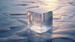  a block of ice sitting on top of ice floes on top of a frozen lake with the sun in the background.