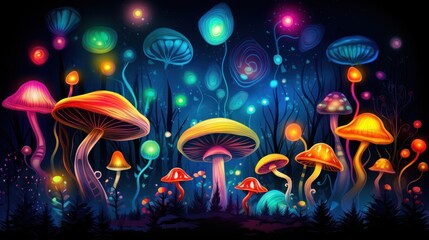 Poster -  a painting of a group of mushrooms in a forest at night with colorful lights on the tops of the mushrooms.