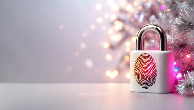 Secure Holiday Ornament: Christmas gift box adorned with rings, featuring a festive padlock for added decoration and symbolizing safety and protection during the winter celebration