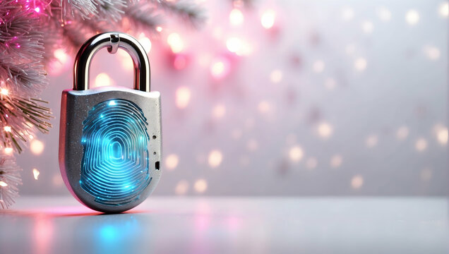 Golden Winter Celebration with Lock and Key, Christmas Ball, Ornament, Snowflake, and Festive Lights in a Merry New Year Decoration