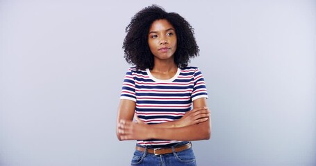 Wall Mural - Face, thinking and happy black woman with idea in studio for insight, plan or solution on white background. Why, questions and portrait of female model with wow, problem solving, or conclusion emoji