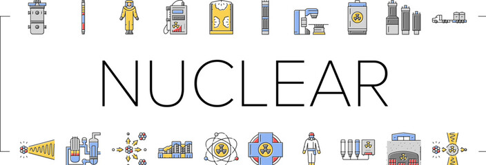 Sticker - nuclear engineer energy power icons set vector. industry technology, plant factory, electricity industrial, station equipment nuclear engineer energy power color line illustrations