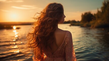 Sticker -  the back of a woman's head as she stands in front of a body of water with boats in the distance.