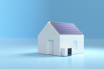 Model home with solar panel and heatpump. Concept for sustainable power generation and heating with electric heatpumps.