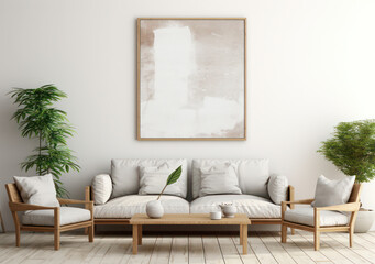 Wall Mural - Contemporary White Living Room Interior: Modern Design with Sofa, Wooden Wall and Creative Decor on White Empty Frame, Scandinavian Style Background.