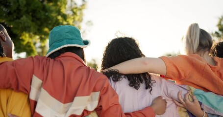 Poster - Back, happy or friends hug in park on holiday vacation for bonding or laughing together in summer. Excited young women, smile or funny gen z people outdoors in USA with freedom, diversity or wellness