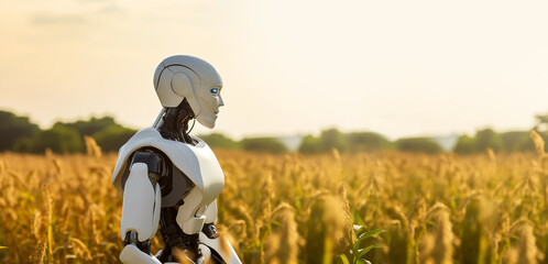 Aufkleber - Robot farmer on an agricultural wheat field. Smart farming concept.