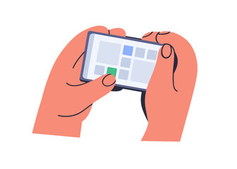 Fototapete - Photo, picture gallery on mobile phone screen in hands. Looking image album, holding smartphone. Surfing social media, internet, online content. Flat vector illustration isolated on white background