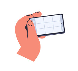 Fototapete - Taking mobile photo on phone camera. Hand holding smartphone, making, capturing picture, shot, photograph, shooting with cellphone app. Flat graphic vector illustration isolated on white background