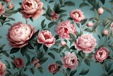 Pink peonia flower, mint color leaf, wallpaper, background, mural art, interior decor