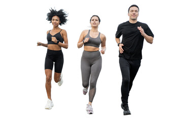 Wall Mural - Friends are people running together in sportswear and fitness hoops, sports partners are warming up. Transparent background.