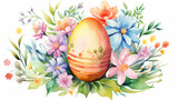 Fototapeta Dinusie - Watercolor of a orange Easter egg nestled among spring flowers
