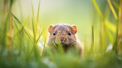 Poster -  a close up of a rodent in a field of grass looking at the camera with a curious look on its face.