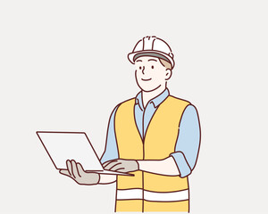 Wall Mural - male engineer wearing a vest, glove, helmet for safe, He standing and smiling happily into the factory while his hand is holding the laptop. Hand drawn style vector design illustrations.