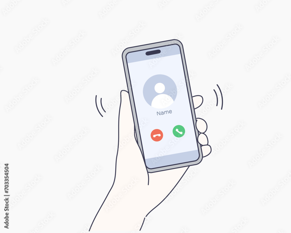 Man's hand holding smartphone with incoming call and finger touch ...