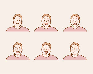 Vector cartoon image of a set of fat men with brown hair expressing various facial emotions: joy, happiness, bewilderment, anger, delight and sadness. Hand drawn style vector design illustrations.