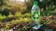A single clear plastic bottle featuring a prominent recycling symbol, representing the concept of biodegradable PET materials, highlights the importance of waste management and recycling programs.