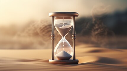 Wall Mural -  an hourglass sitting in the middle of a desert with sand pouring out of it and trees in the background.