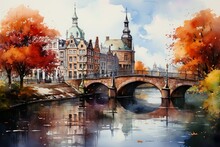 Views Of Amsterdam, Netherlands Drawing In The Style Of Colored Pencil And Watercolor. In The Style Of 90s Art.