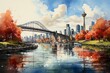 Views of Vancouver, Canada drawing in the style of colored pencil and watercolor. in the style of 90s art.