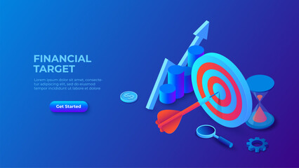 Poster - Dark business strategy concept with target and chart. Landing page template. 3d isometric vector illustration