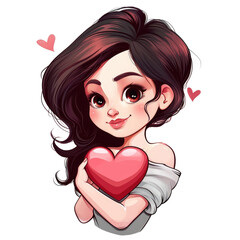 Wall Mural - Cute cartoon woman with a heart. Valentine's Day illustration, isolated on a white background