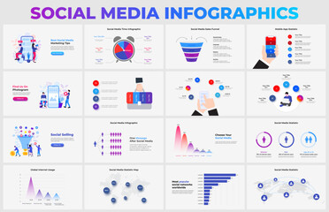 Poster - Set of social media infographic presentation slides. Sales funnel, mobile phone, time management, charts, maps and statistic diagrams