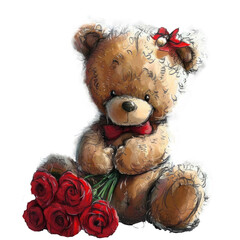 Wall Mural - Teddy bear with roses, png